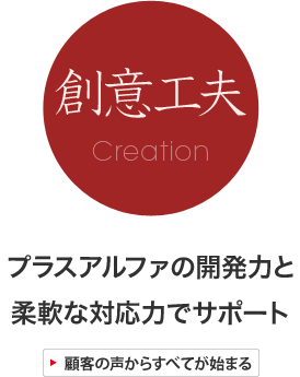 創意工夫：プラスアルファの開発力と柔軟な対応力でサポート。顧客の声からすべてが始まる。